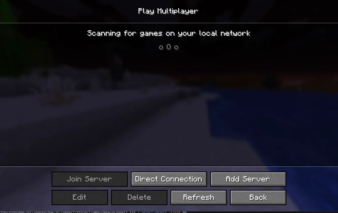 Minecraft Java Play Multiplayer screen with Join Server, Direct Connection, and Add Server buttons