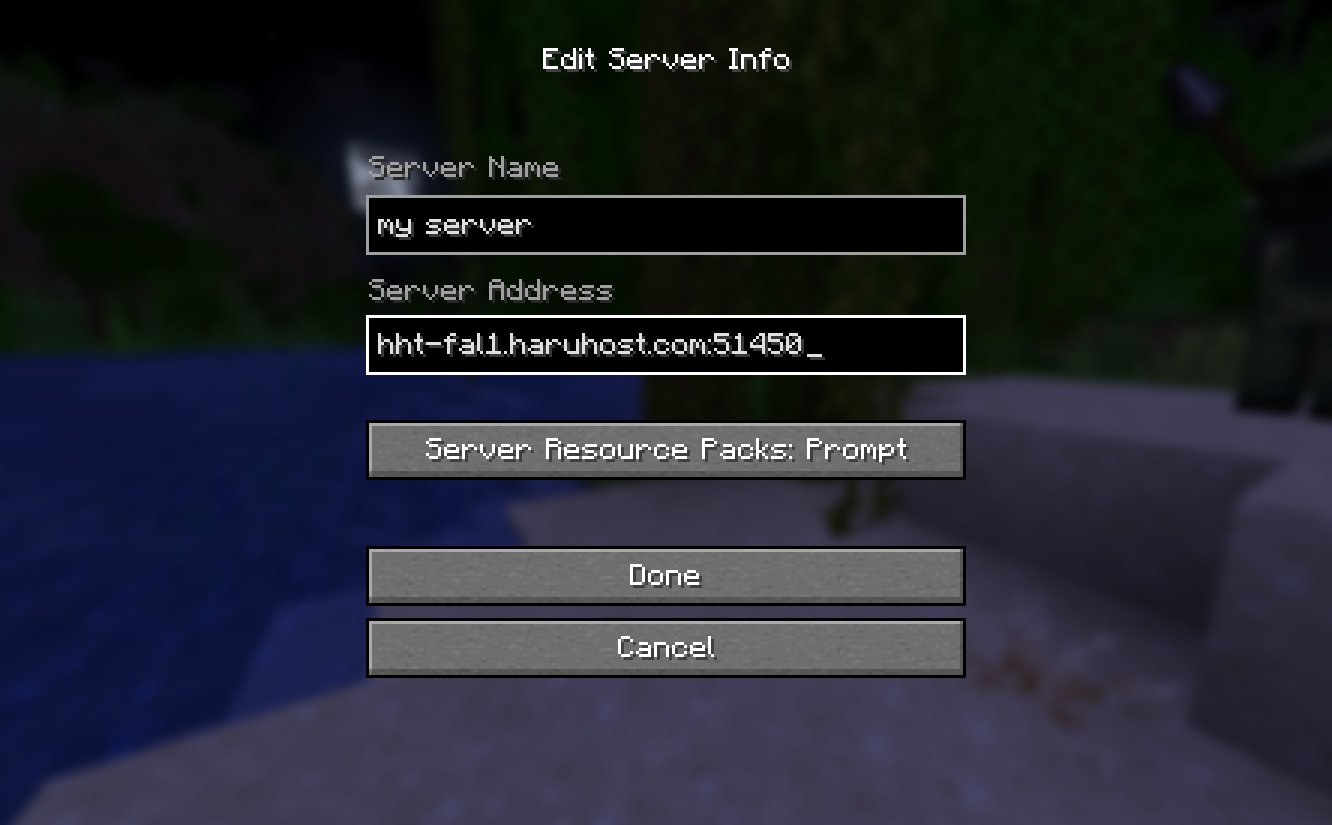 Minecraft Java Edit Server Info dialog with server name and server address fields filled in