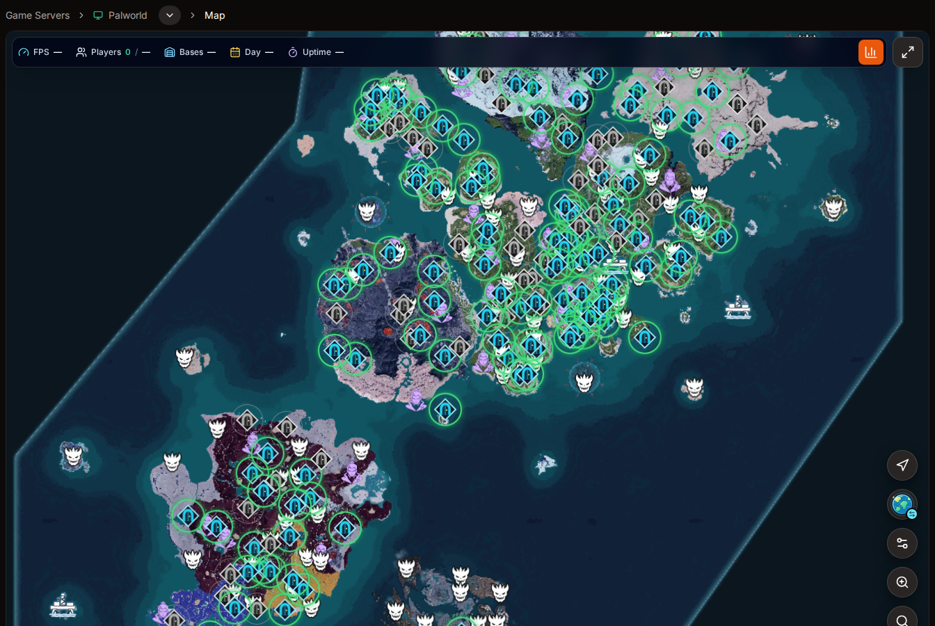 HaruHost Interactive Map showing Palworld terrain and points of interest on the running Windows server