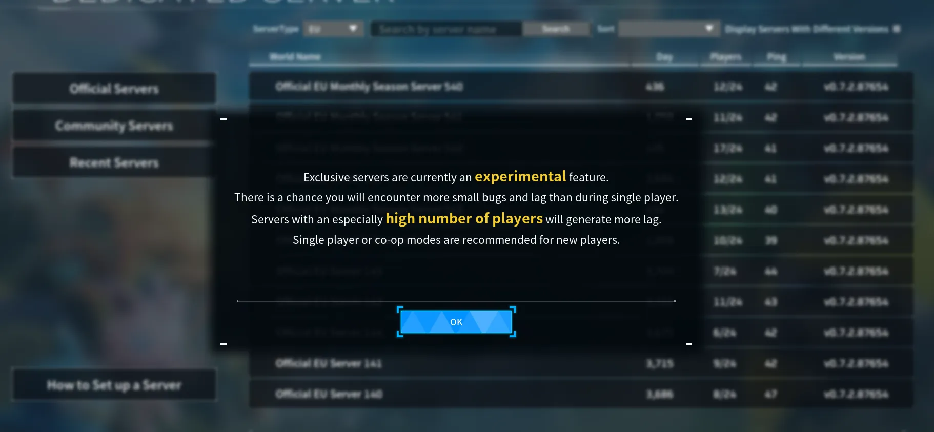 Palworld dedicated server warning dialog
