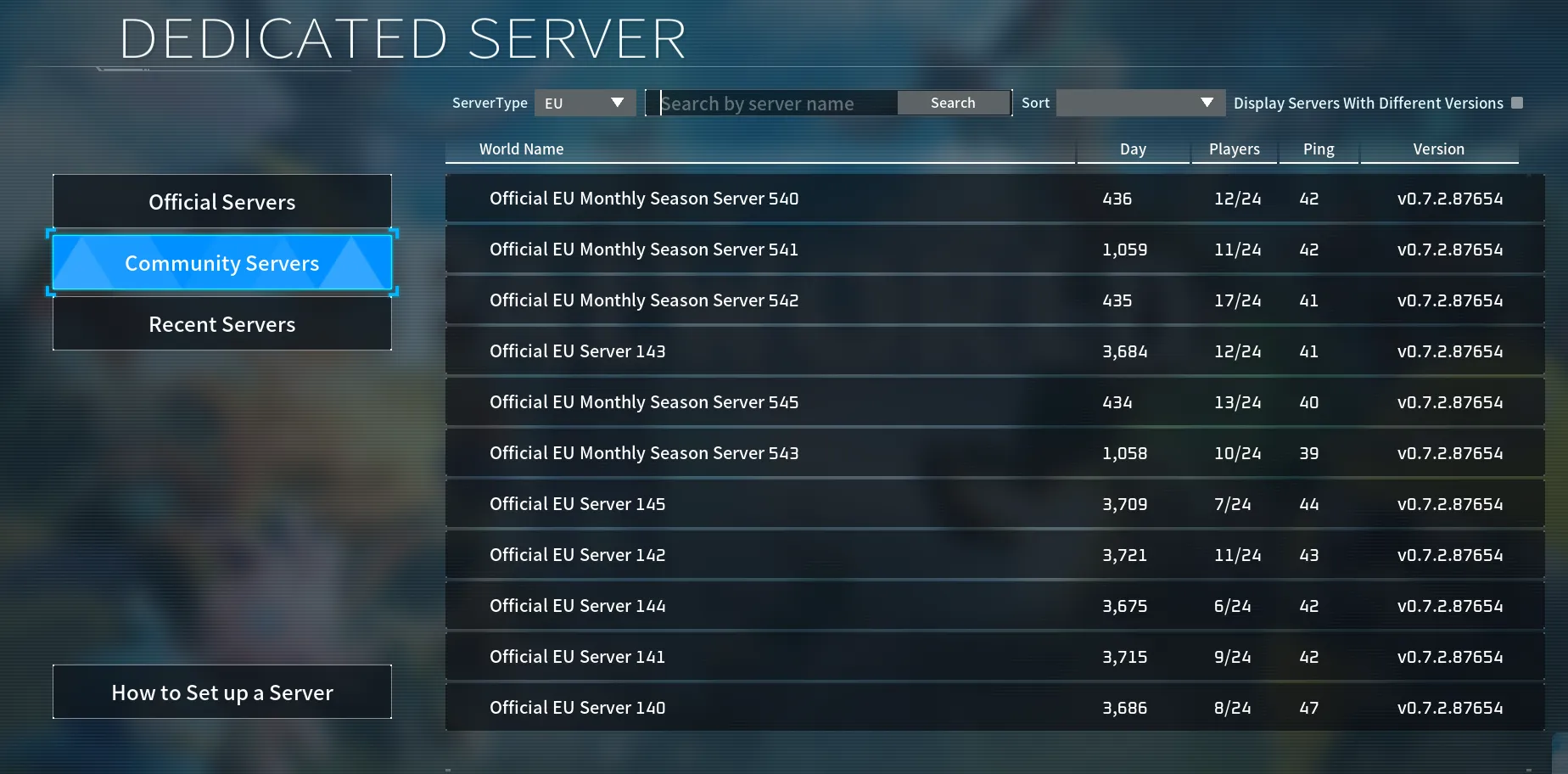 Palworld dedicated server browser with Community Servers selected