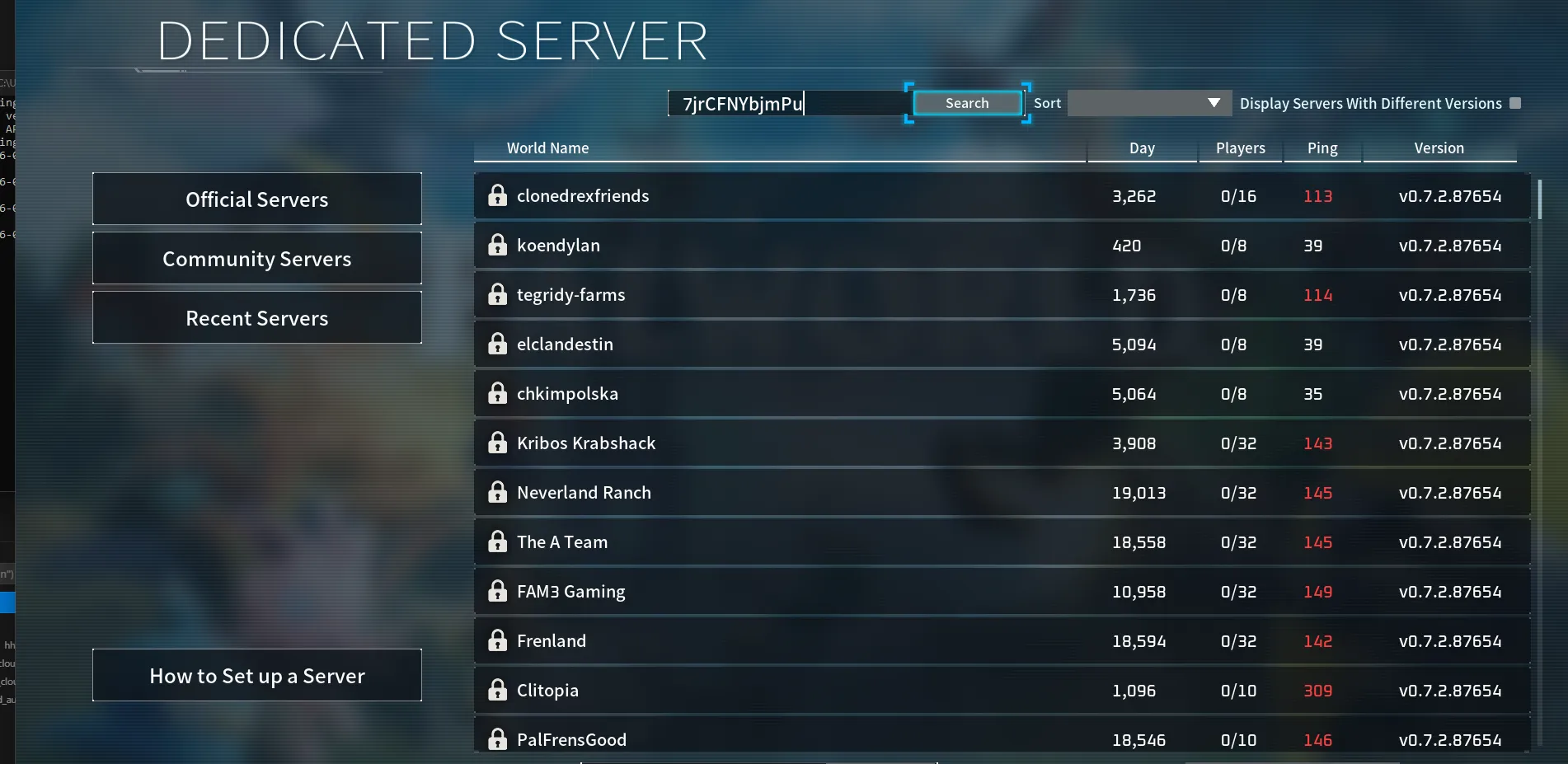 Palworld server browser with a server name entered into search
