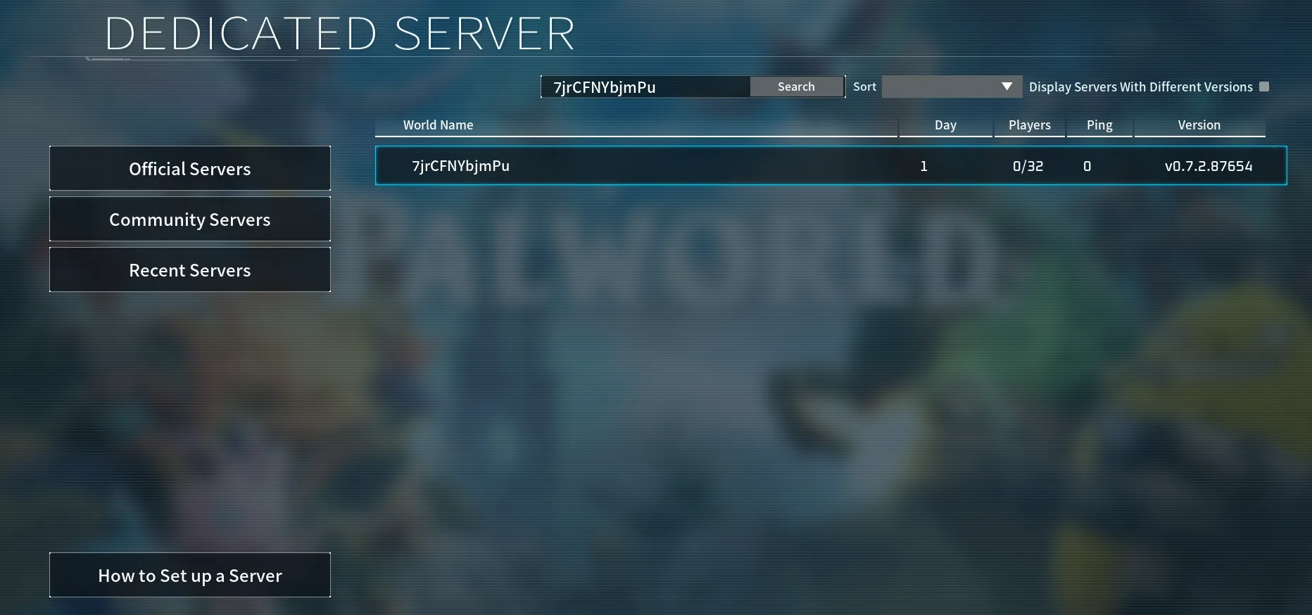 Palworld search results showing a single matching server row