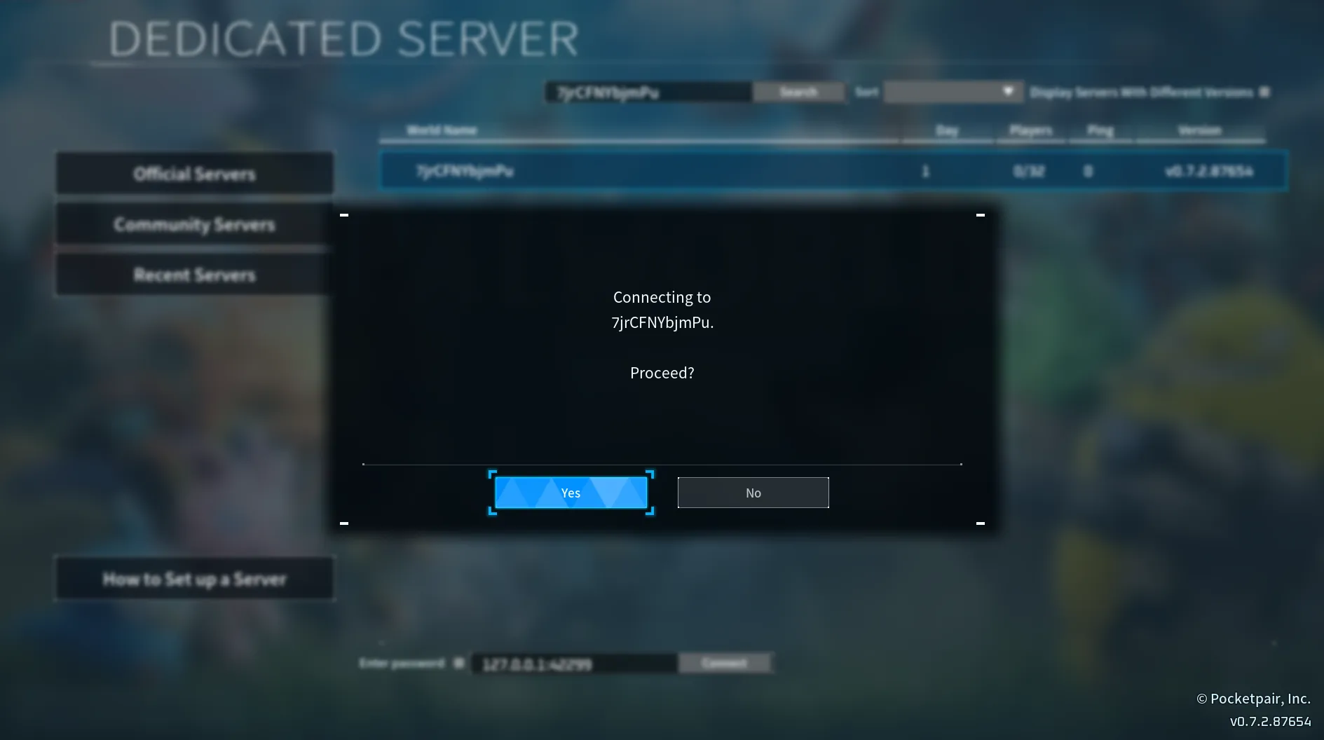 Palworld confirmation dialog asking to connect to the selected server