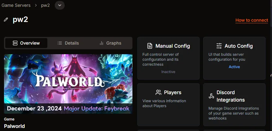 Palworld server page in HaruHost with the How to connect entry visible