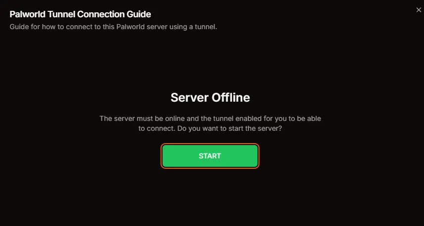 Palworld Tunnel Connection Guide showing the Server Offline start prompt