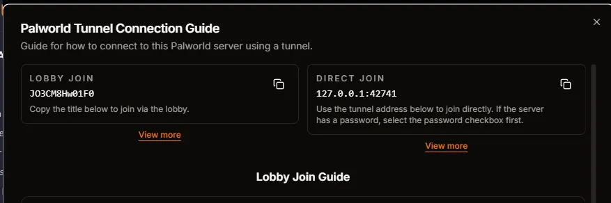 Palworld Tunnel Connection Guide showing Lobby Join and Direct Join details