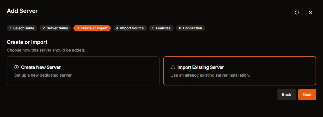 Create or Import step with Import Existing Server selected