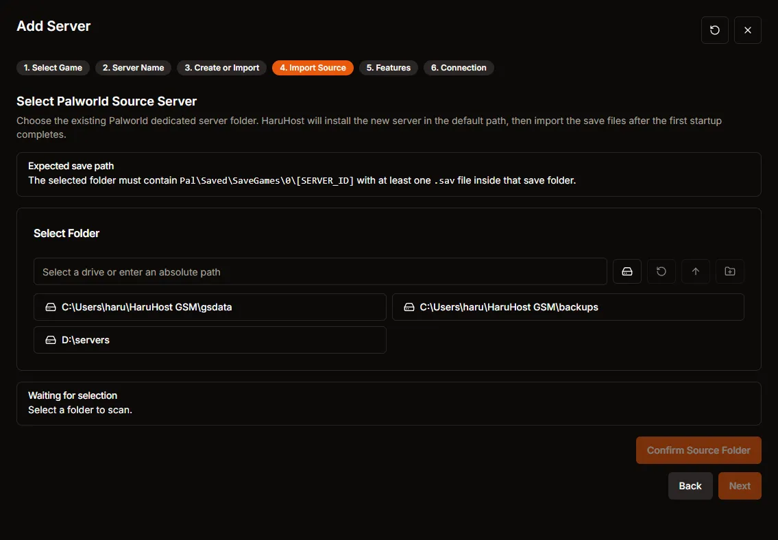 Import Source step showing the expected save path requirement