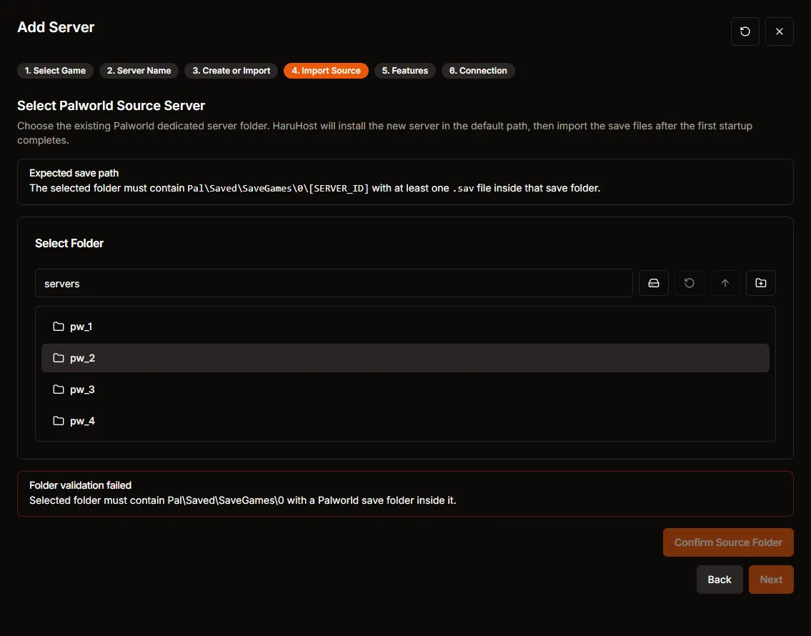 Import Source step while browsing D servers and showing pw_1