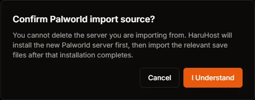Confirm Palworld import source dialog in HaruHost