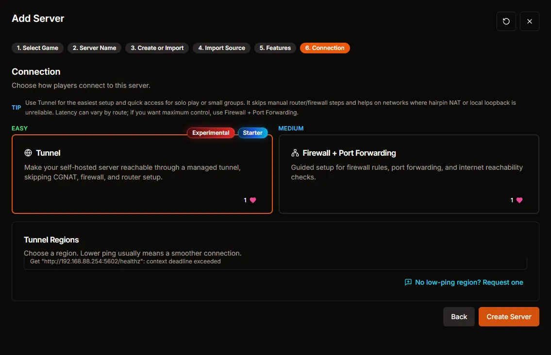 Connection step before the final Create Server action