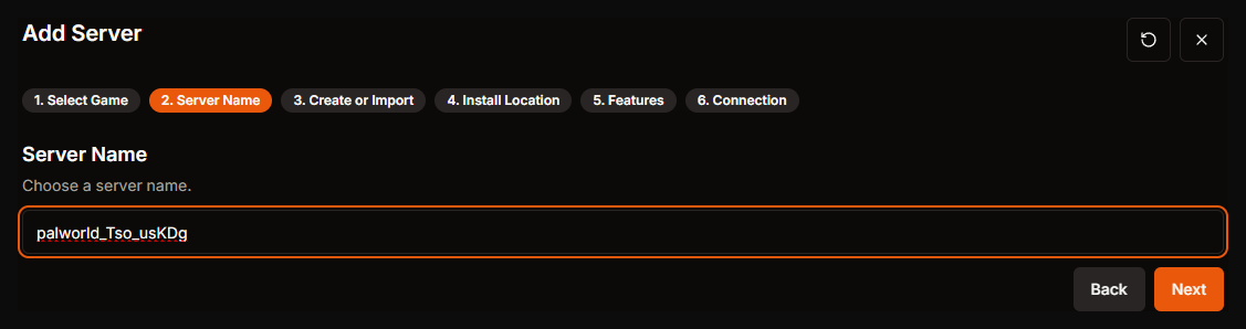 Server Name step in the HaruHost create server wizard for Palworld
