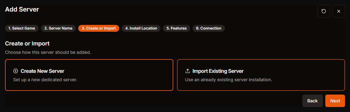 Create or Import step in the HaruHost create server wizard for Palworld