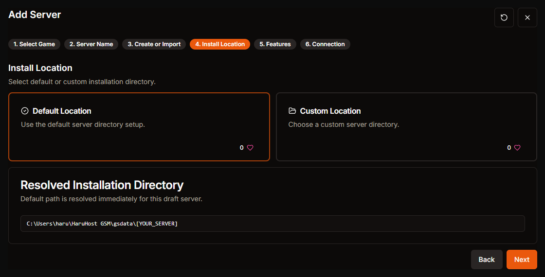 Install Location step in the HaruHost create server wizard for Palworld