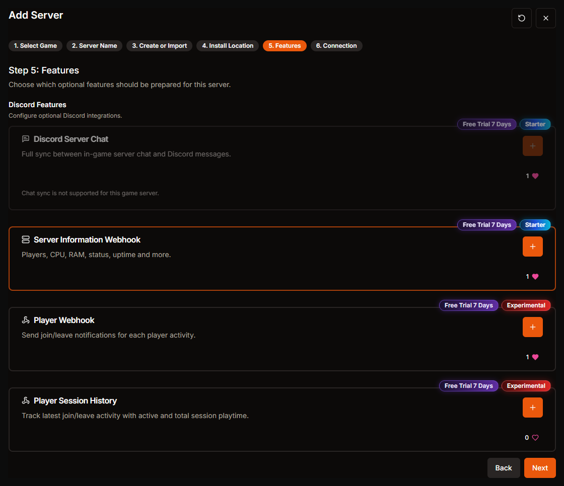 Features step in the HaruHost create server wizard for Palworld