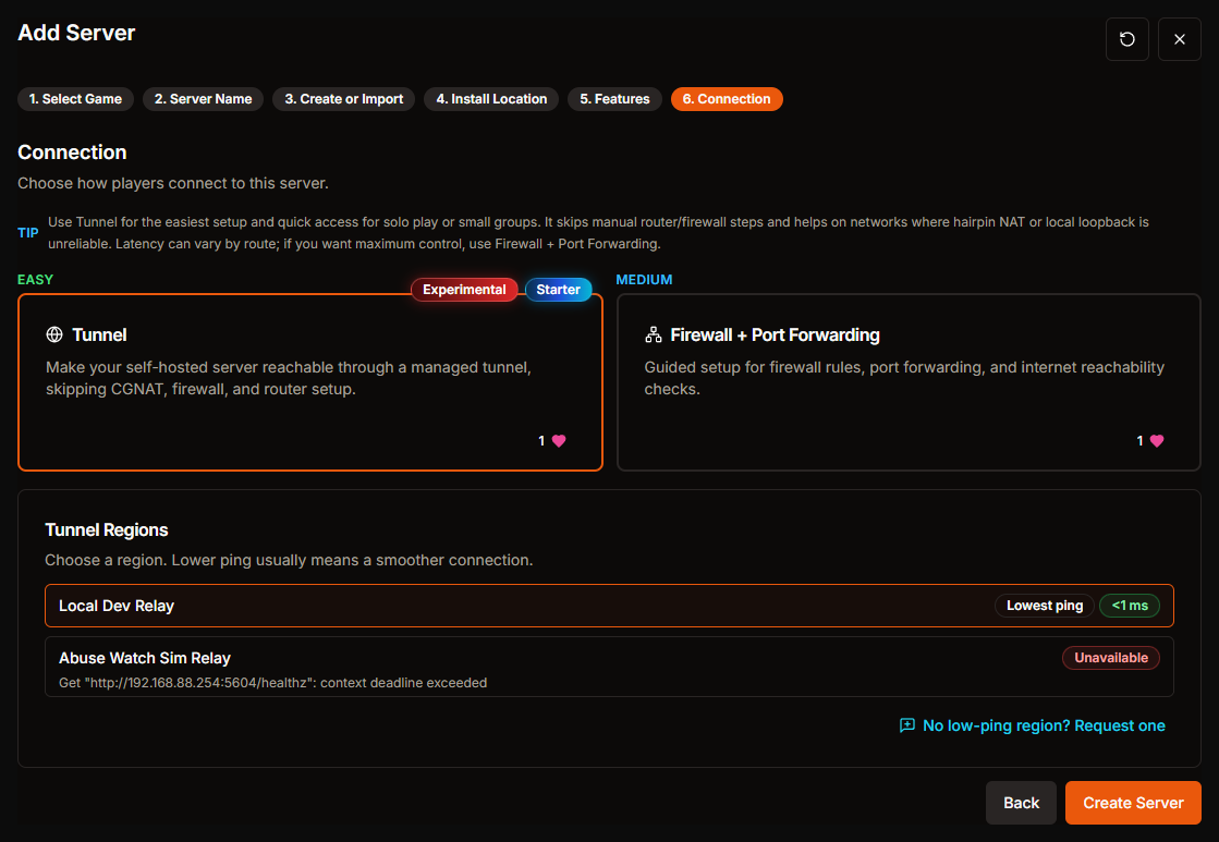 Connection step in the HaruHost create server wizard for Palworld before Create Server