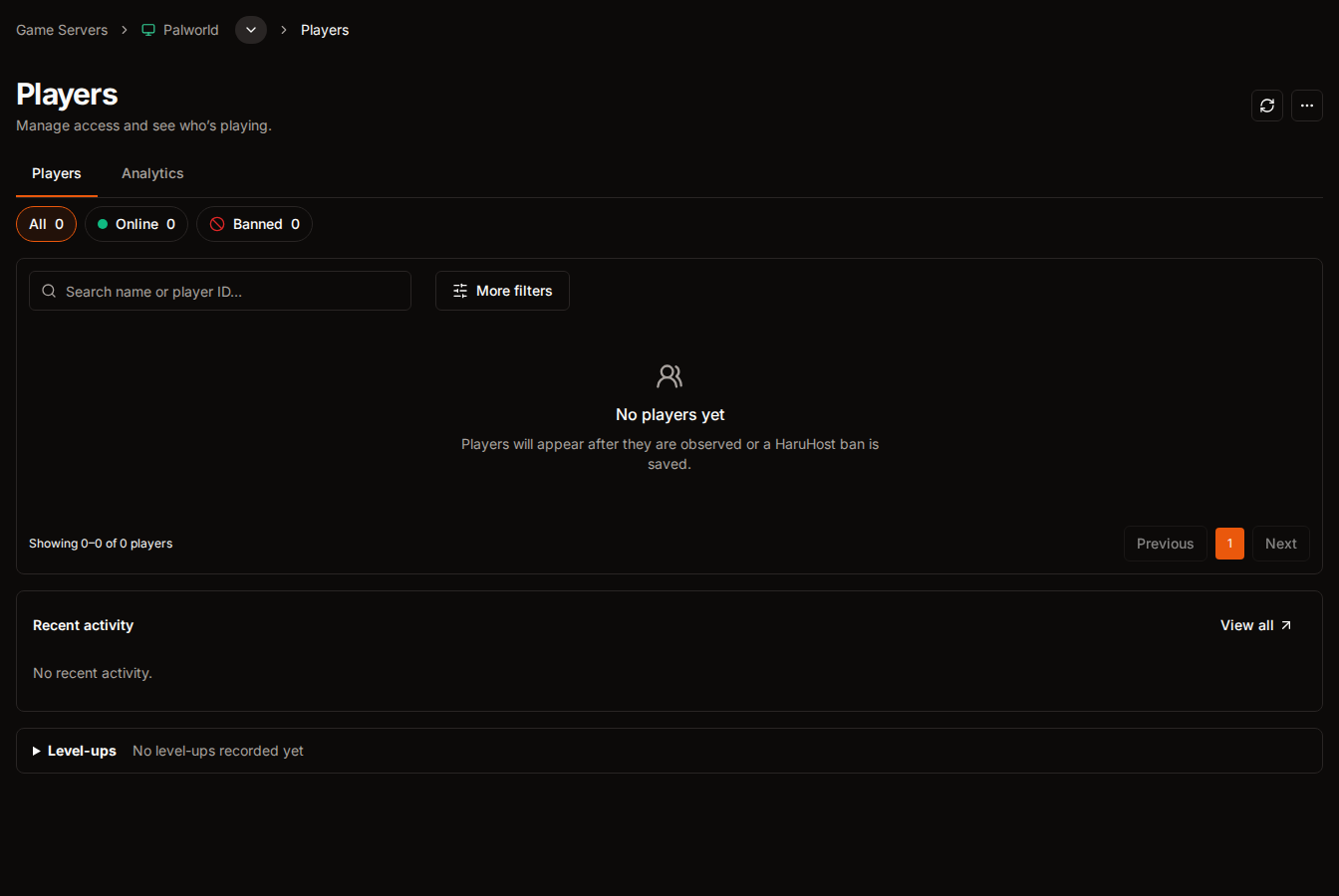 Palworld Players page in HaruHost with presence filters, search and recent activity