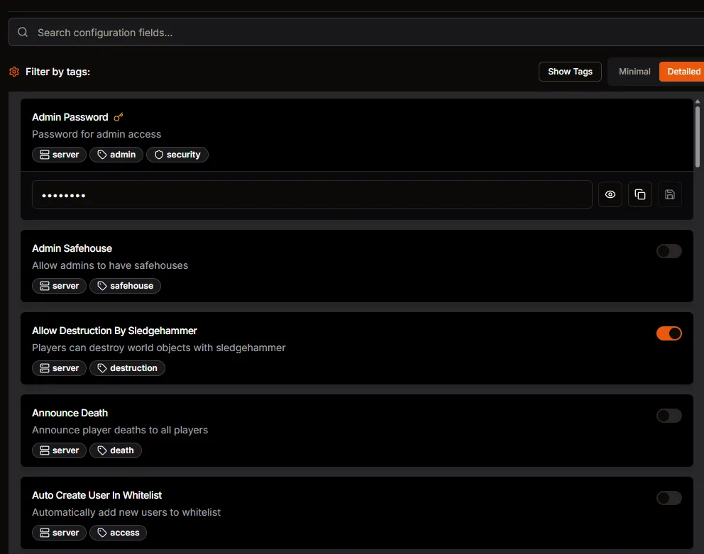 Project Zomboid Auto Config interface with grouped server settings