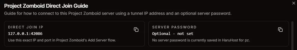 Project Zomboid Direct Join Guide in HaruHost showing the direct join IP and server password cards