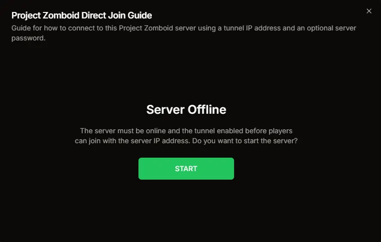 Project Zomboid Direct Join Guide showing the Server Offline start prompt