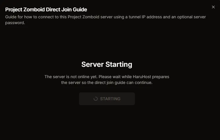 Project Zomboid Direct Join Guide showing the Server Starting state