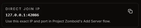 HaruHost Project Zomboid guide showing the direct join IP card to copy from