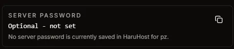 HaruHost Project Zomboid guide showing the optional server password card