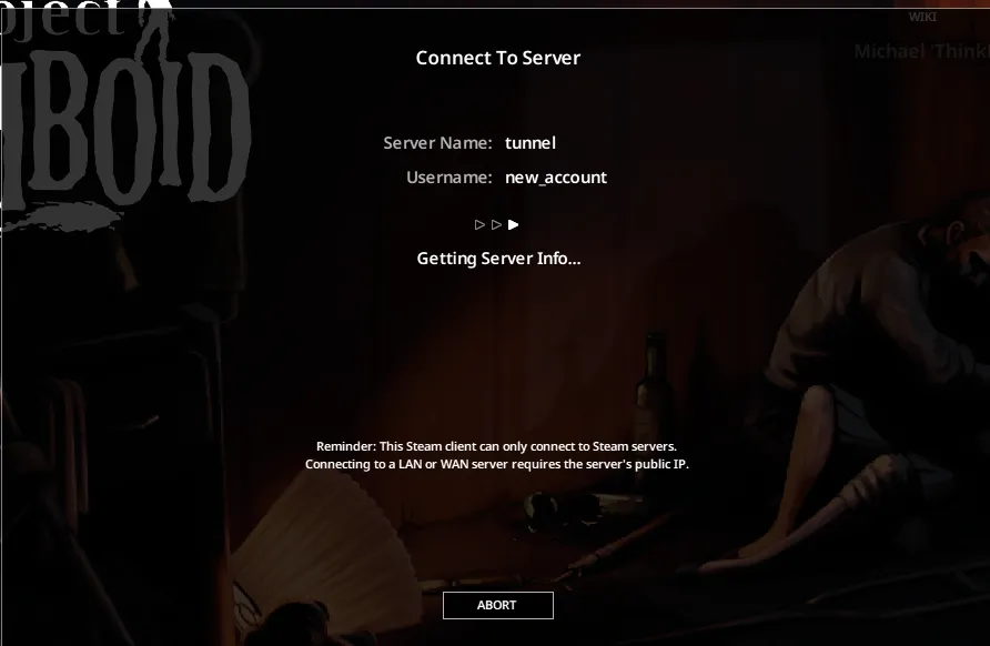Project Zomboid connecting screen showing Getting Server Info