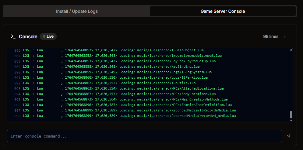 Project Zomboid interactive console in HaruHost showing logs and command input