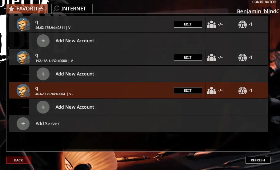 Project Zomboid multiplayer browser on the Favorites tab with Add Server visible