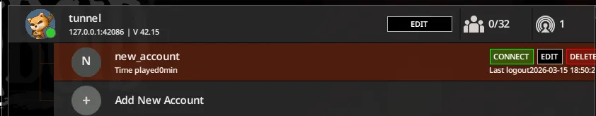 Project Zomboid saved server entry with a saved account and Connect button