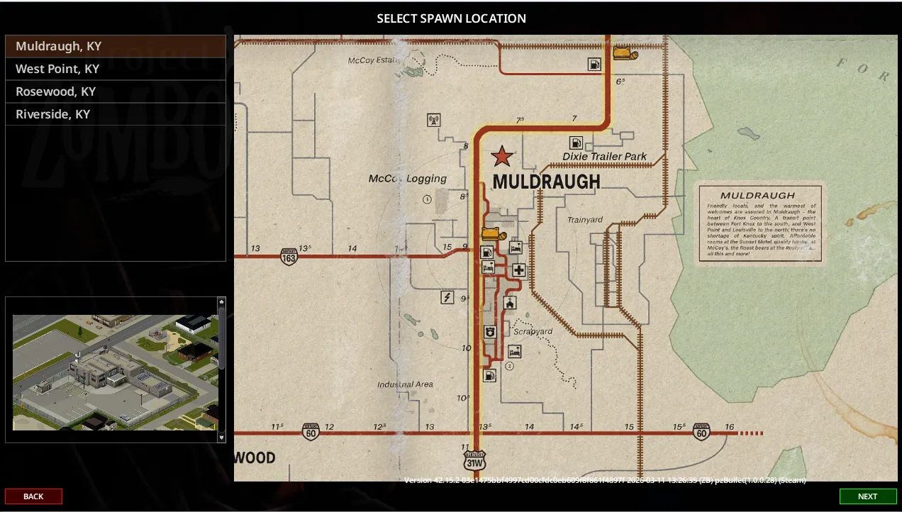 Project Zomboid spawn location selection screen