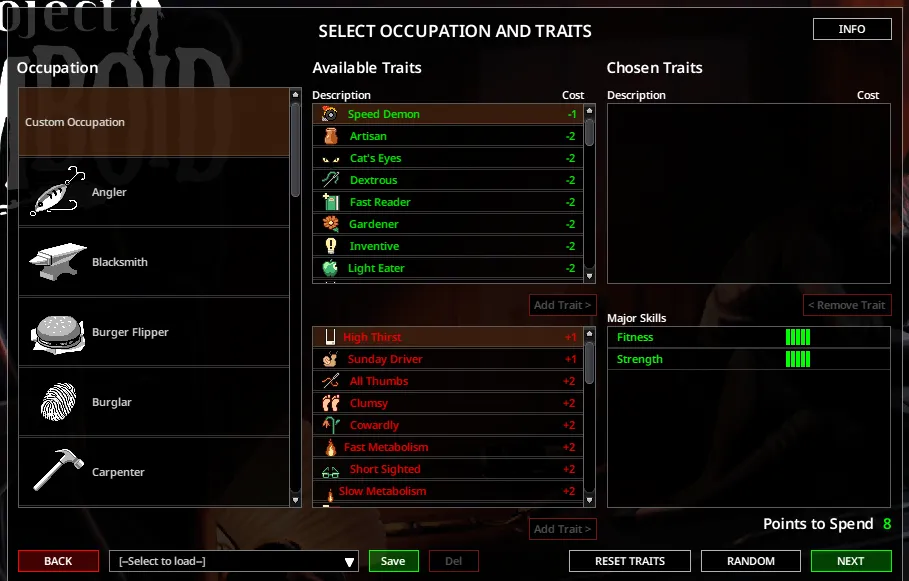 Project Zomboid occupation and traits selection screen