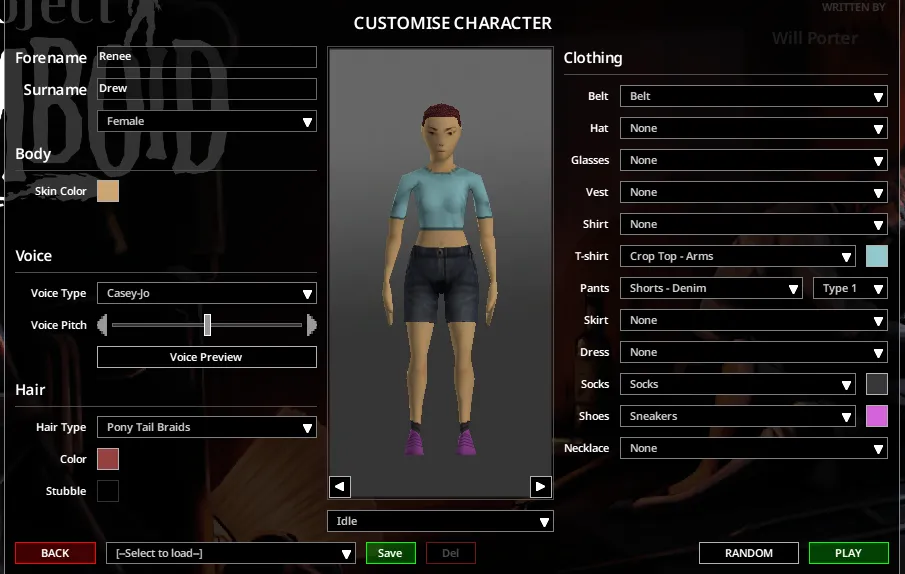 Project Zomboid character customization screen with the Play button visible