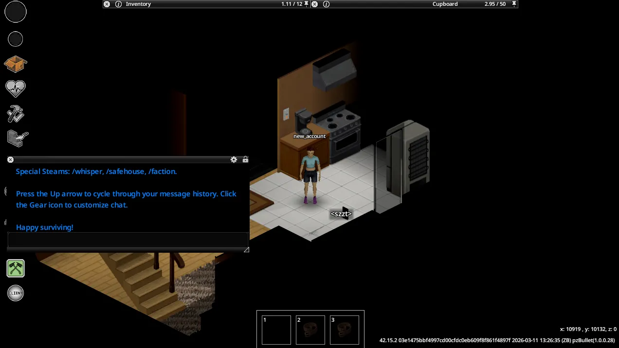 Project Zomboid gameplay after successfully joining the server world