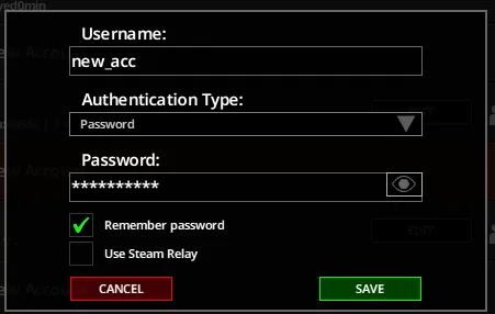 Project Zomboid account creation form with Use Steam Relay left unchecked for a tunnel connection