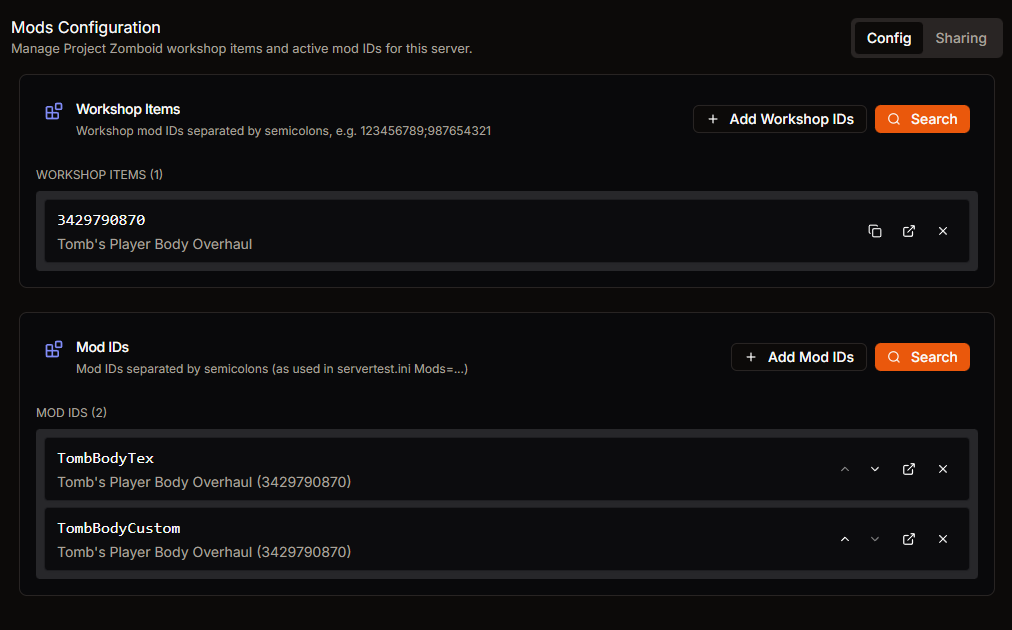 Project Zomboid mod manager in HaruHost with Workshop search and mod ID list