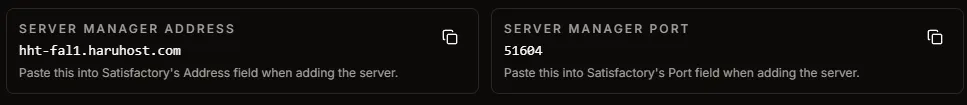 Satisfactory Server Manager Guide in HaruHost showing the server manager address and port cards