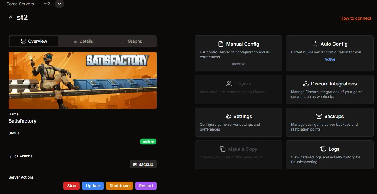 Satisfactory server overview page in HaruHost with the How to connect action visible