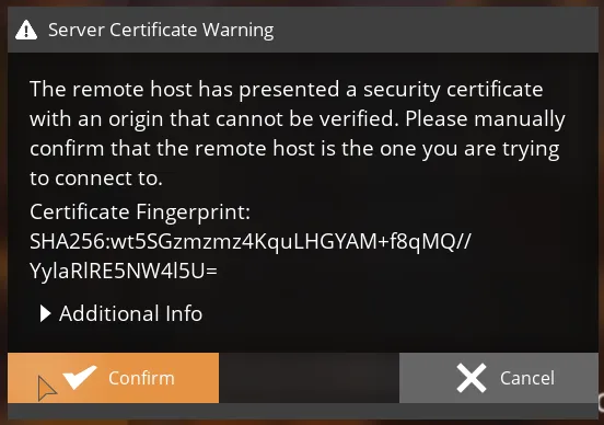 Satisfactory server certificate warning dialog