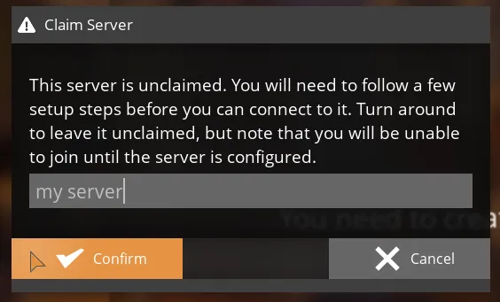 Satisfactory claim server dialog asking for a server name