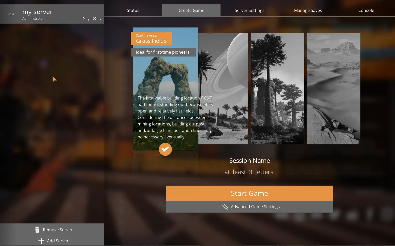 Satisfactory create game screen with starting area selection and session name field