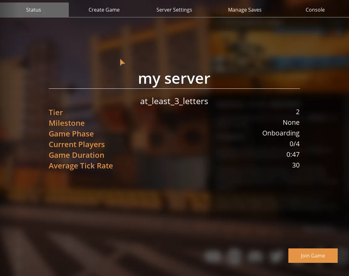 Satisfactory server status page with Join Game button visible in Server Manager