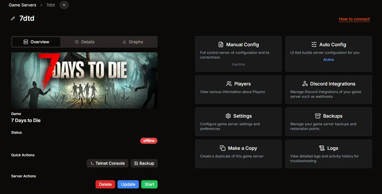 7 Days To Die server overview page in HaruHost with the How to connect action visible