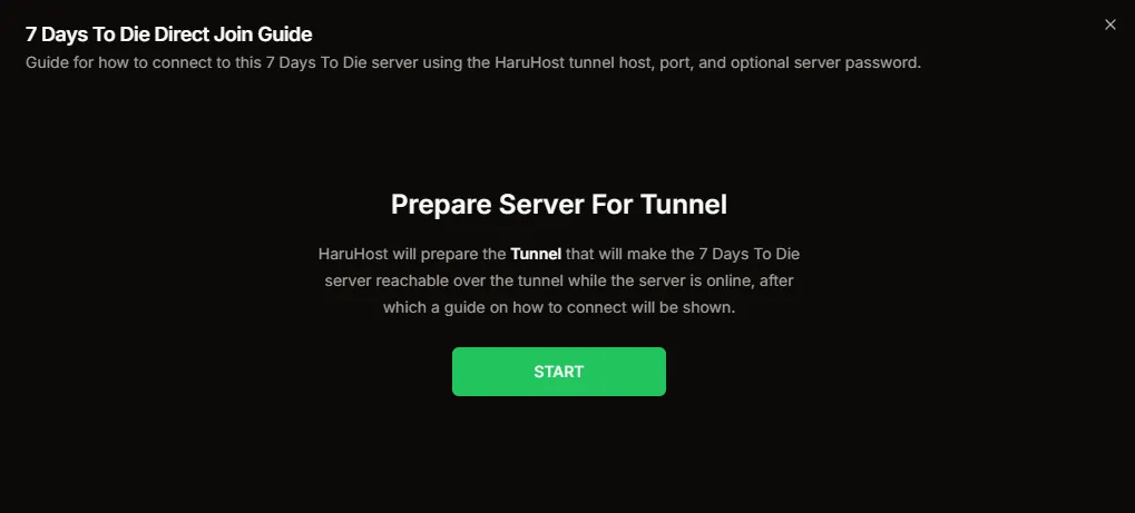 7 Days To Die Direct Join Guide showing the Prepare Server For Tunnel state in HaruHost