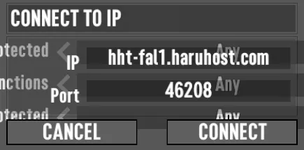 7 Days To Die Connect To IP dialog with a HaruHost server address entered