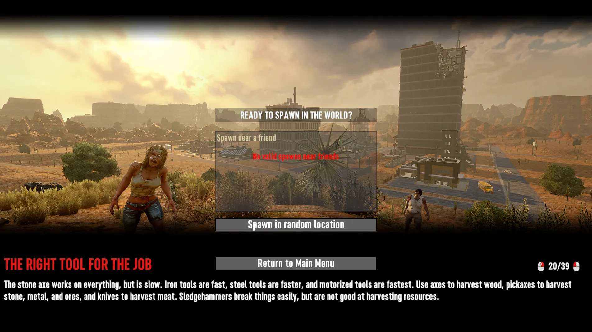 7 Days To Die spawn selection screen after connecting to a server