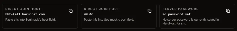 Soulmask Direct Join Guide in HaruHost showing the direct join host, port, and password cards