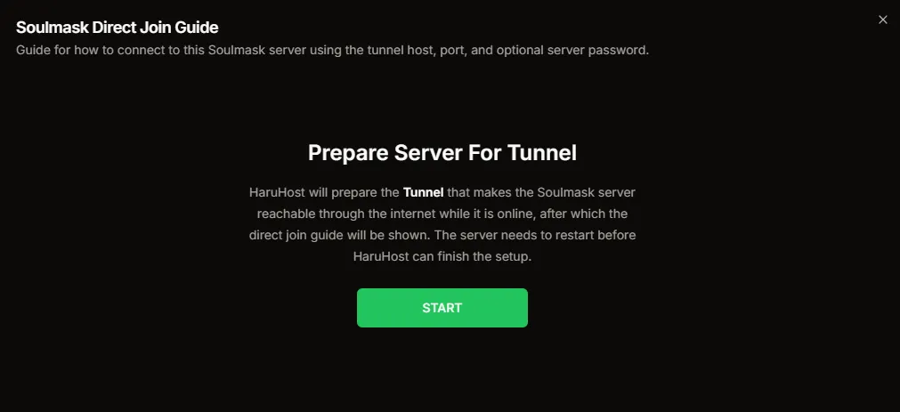 Soulmask Direct Join Guide showing the Prepare Server For Tunnel restart-required state